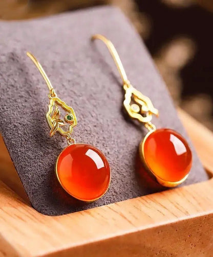 Retro Red Sterling Silver Overgild Inlaid Gem Stone Drop Earrings Ada Fashion