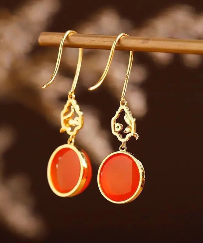 Retro Red Sterling Silver Overgild Inlaid Gem Stone Drop Earrings Ada Fashion