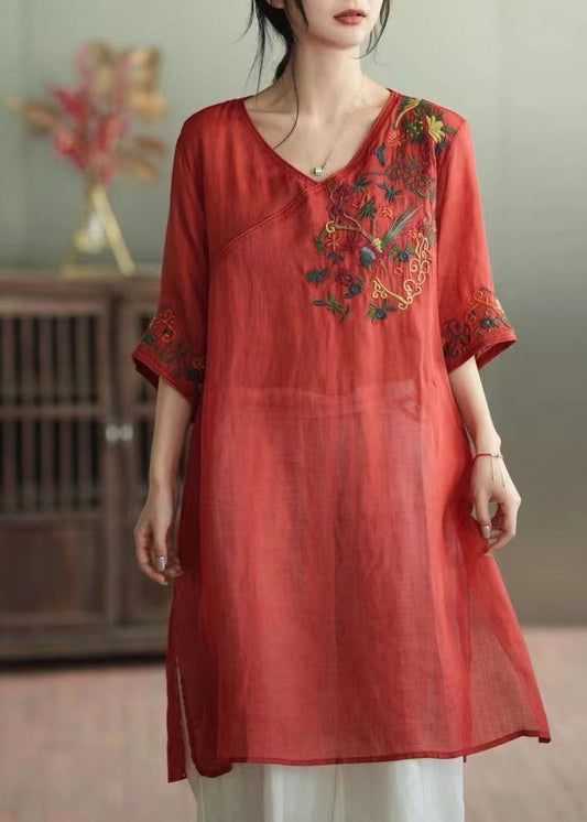 Retro Red V Neck Embroideried Patchwork Linen Mid Dress Summer LY4030 - fabuloryshop