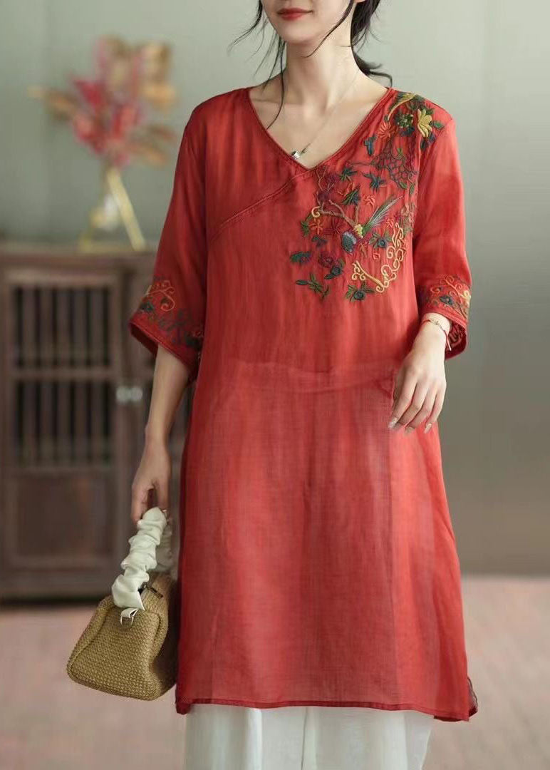 Retro Red V Neck Embroideried Patchwork Linen Mid Dress Summer LY4030 - fabuloryshop