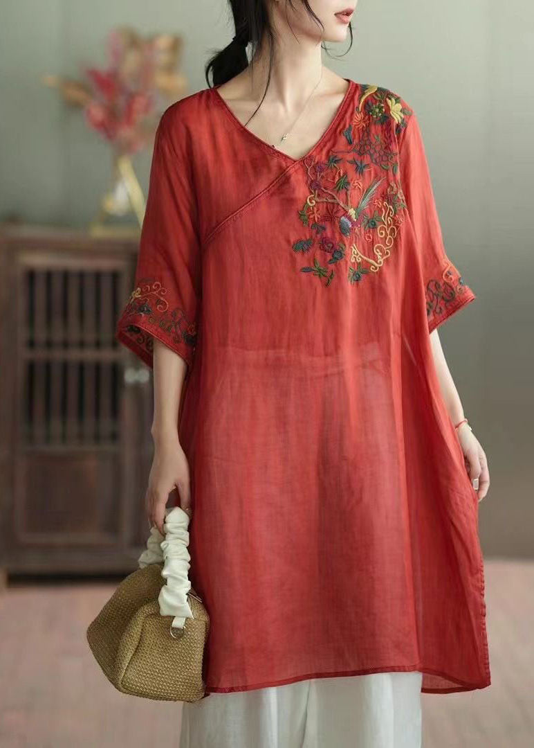 Retro Red V Neck Embroideried Patchwork Linen Mid Dress Summer LY4030 - fabuloryshop