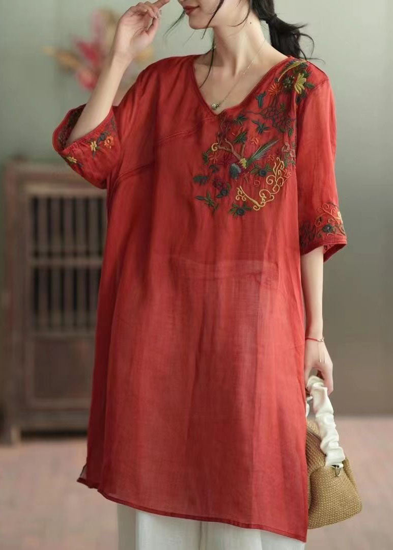 Retro Red V Neck Embroideried Patchwork Linen Mid Dress Summer LY4030 - fabuloryshop