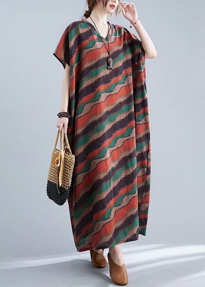 Retro Red V Neck Striped Print Cotton Maxi Dresses Short Sleeve Ada Fashion