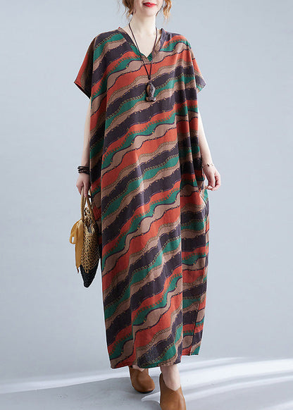 Retro Red V Neck Striped Print Cotton Maxi Dresses Short Sleeve Ada Fashion