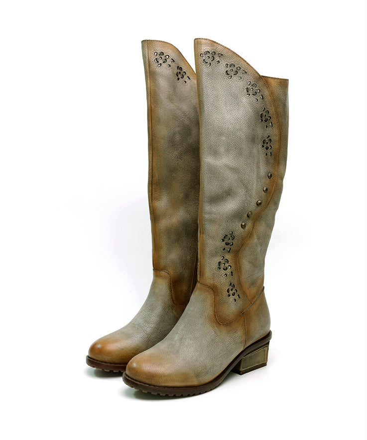 Retro Rivet Splicing Chunky Boots Grey Camel