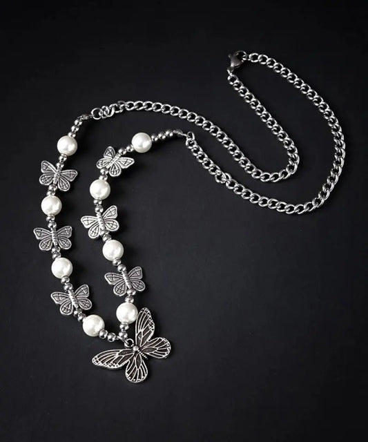 Retro Silk Stainless Steel Pearl Butterfly Pendant Necklace Ada Fashion