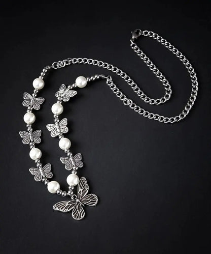 Retro Silk Stainless Steel Pearl Butterfly Pendant Necklace Ada Fashion