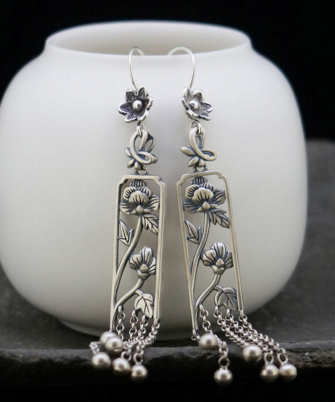 Retro Silk Sterling Silver Hollow Out Peony Tassel Drop Earrings LY2029 - fabuloryshop