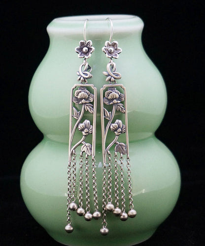 Retro Silk Sterling Silver Hollow Out Peony Tassel Drop Earrings LY2029 - fabuloryshop