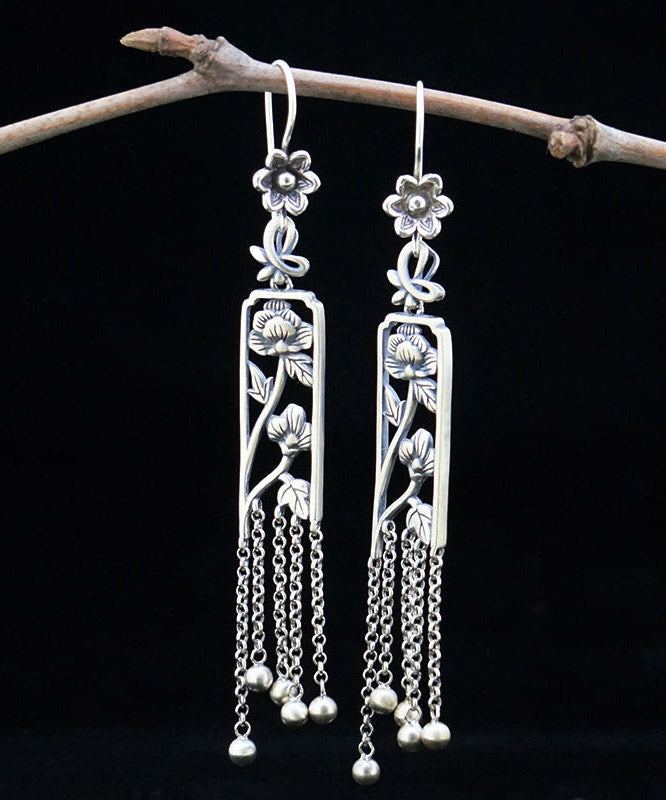 Retro Silk Sterling Silver Hollow Out Peony Tassel Drop Earrings LY2029 - fabuloryshop