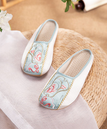 Retro Splicing Embroideried Flat Slide Sandals Light Green Cotton Fabric LY7686