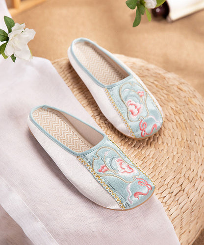 Retro Splicing Embroideried Flat Slide Sandals Light Green Cotton Fabric LY7686