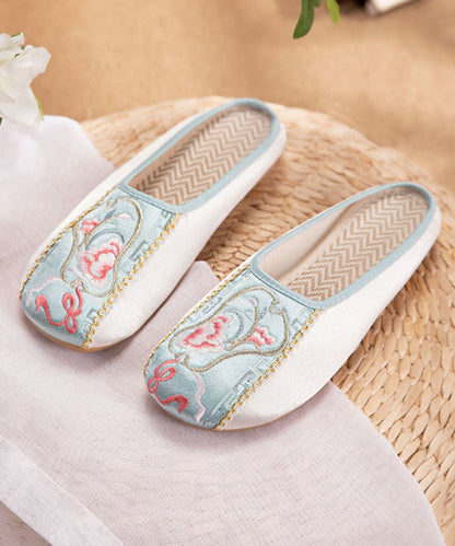 Retro Splicing Embroideried Flat Slide Sandals Light Green Cotton Fabric LY7686