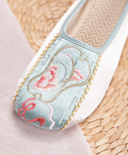 Retro Splicing Embroideried Flat Slide Sandals Light Green Cotton Fabric LY7686