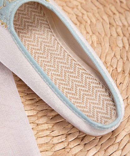 Retro Splicing Embroideried Flat Slide Sandals Light Green Cotton Fabric LY7686