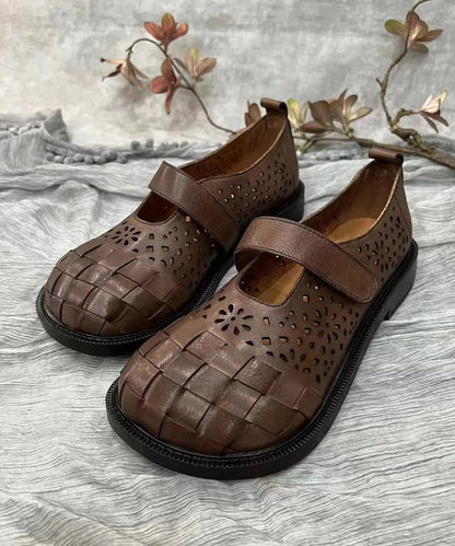 Retro Splicing Hollow Out Flat Shoes Brown Cowhide Leather Ada Fashion