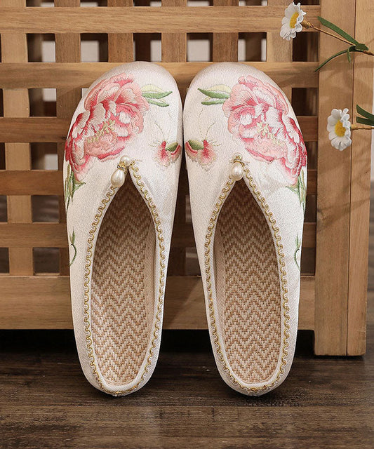 Retro Splicing Slide Sandals White Cotton Fabric Embroideried Nail Bead Ada Fashion
