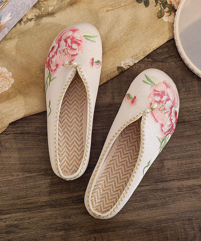 Retro Splicing Slide Sandals White Cotton Fabric Embroideried Nail Bead Ada Fashion