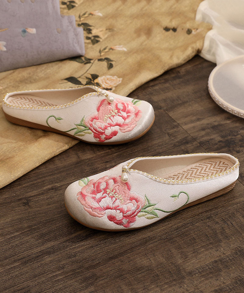 Retro Splicing Slide Sandals White Cotton Fabric Embroideried Nail Bead Ada Fashion