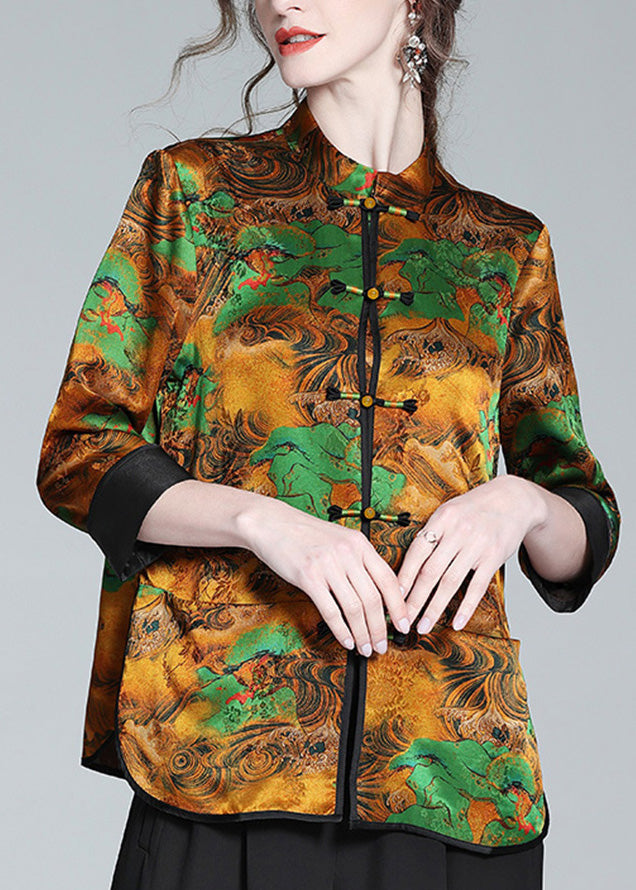 Retro Stand Collar Print Button Side Open Silk Shirt Long Sleeve LY1051 - fabuloryshop