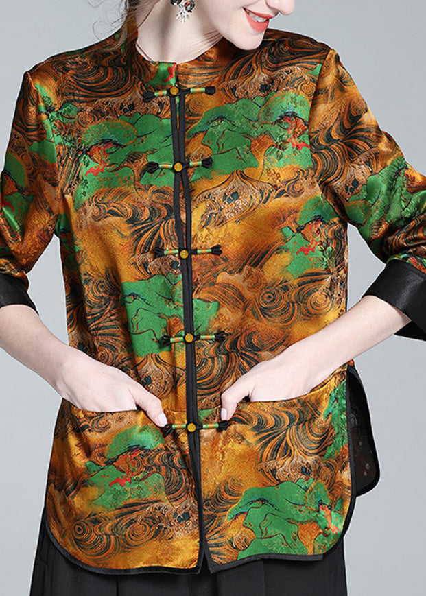 Retro Stand Collar Print Button Side Open Silk Shirt Long Sleeve LY1051 - fabuloryshop