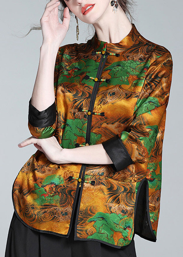 Retro Stand Collar Print Button Side Open Silk Shirt Long Sleeve LY1051 - fabuloryshop