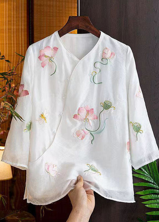 Retro White Embroideried Button Patchwork Cotton Shirts Bracelet Sleeve Ada Fashion