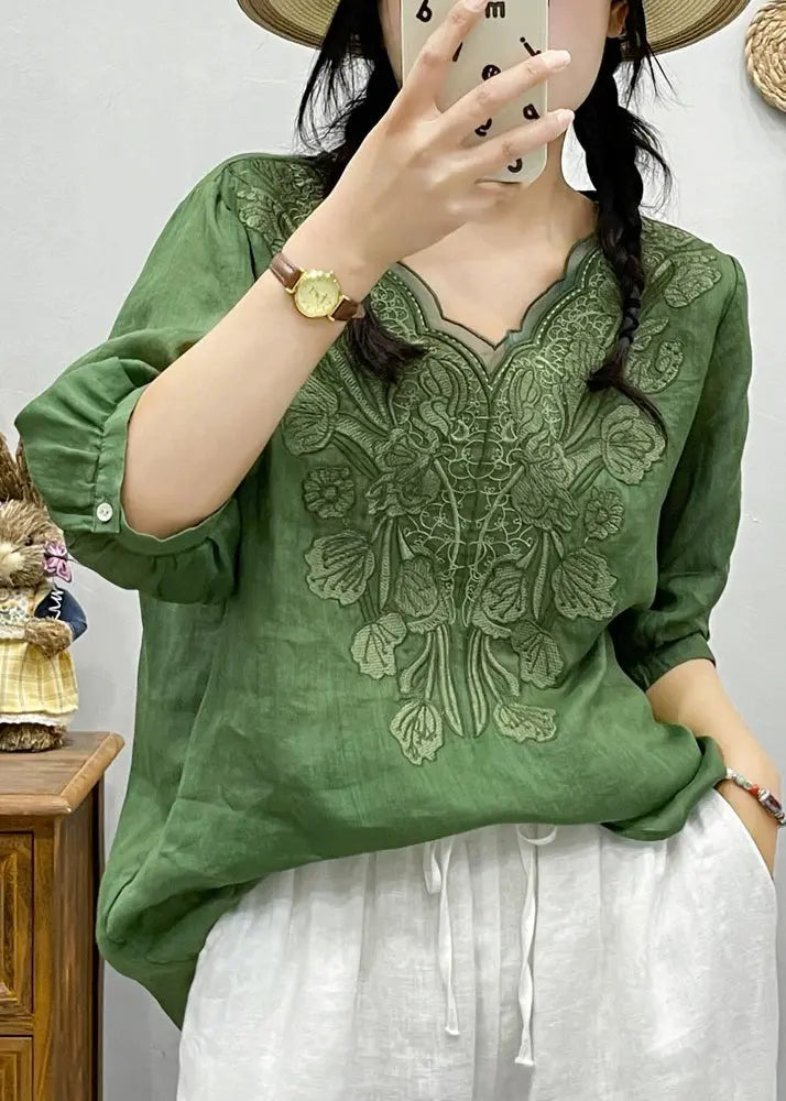 Retro White Embroideried Floral Tulle Patchwork Ramie T Shirt Summer Ada Fashion