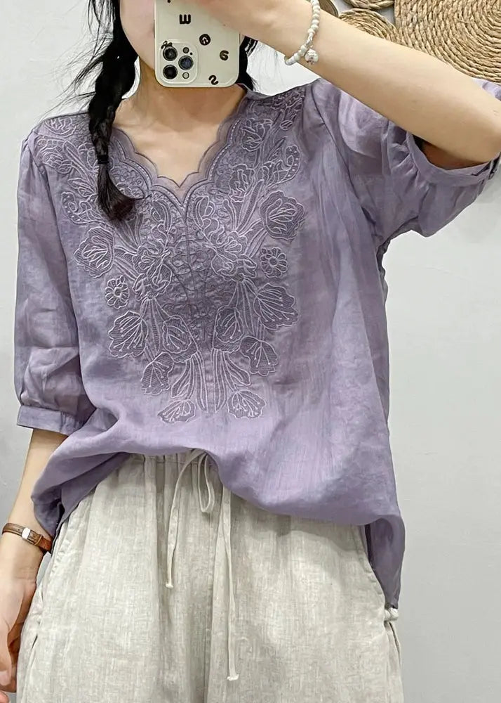 Retro White Embroideried Floral Tulle Patchwork Ramie T Shirt Summer Ada Fashion