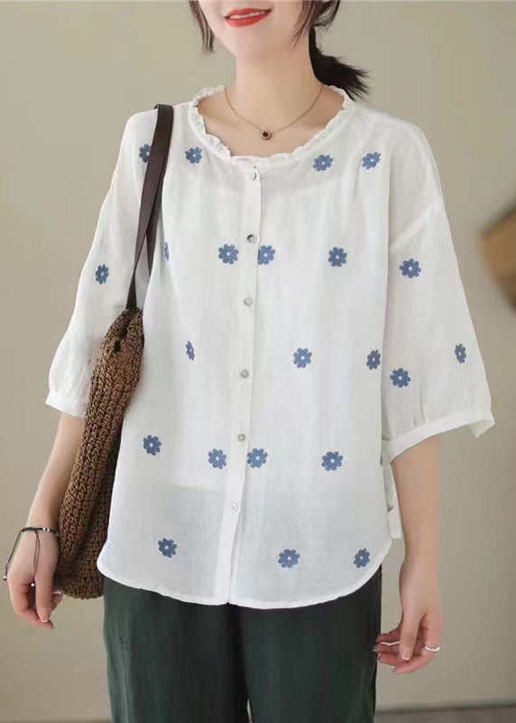 Retro White Embroideried Patchwork Linen Shirt Tops Summer LY3948 - fabuloryshop