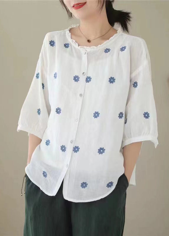 Retro White Embroideried Patchwork Linen Shirt Tops Summer LY3948 - fabuloryshop