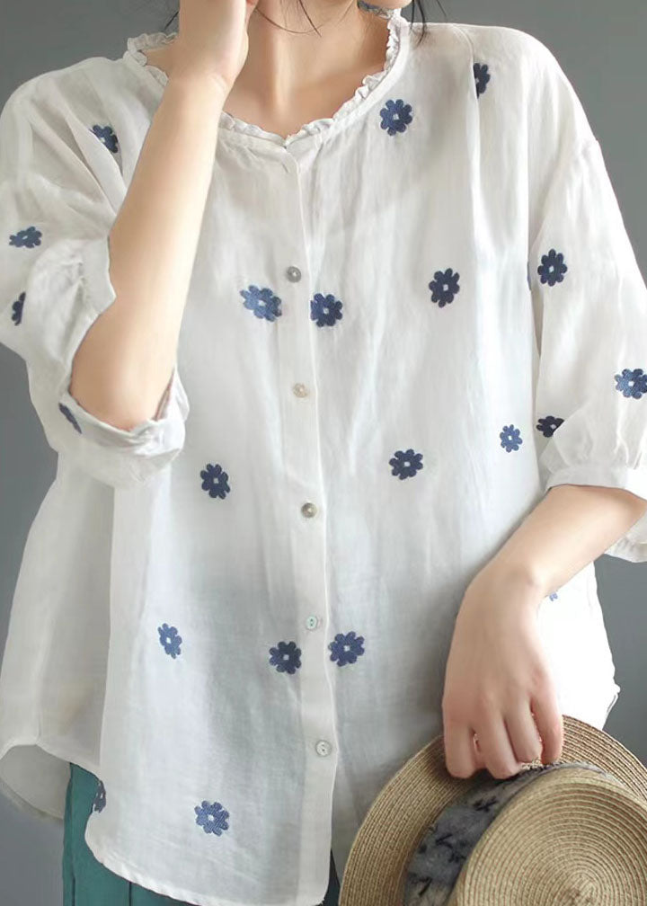 Retro White Embroideried Patchwork Linen Shirt Tops Summer LY3948 - fabuloryshop