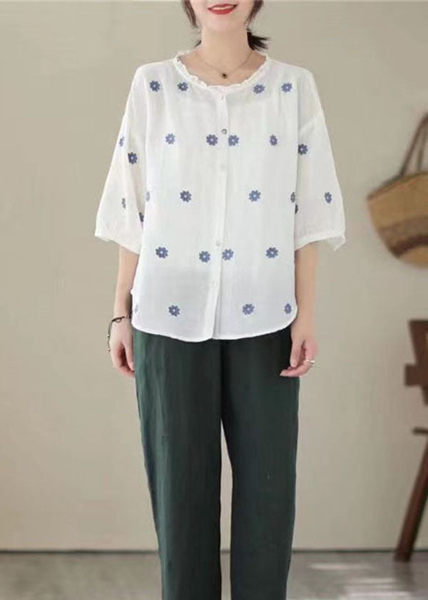 Retro White Embroideried Patchwork Linen Shirt Tops Summer LY3948 - fabuloryshop