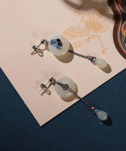 Retro White Sterling Silver Cloisonne Pearl Drop Earrings TW1017 - fabuloryshop