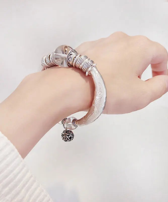 Retro White Sterling Silver Crystal Small Bell Bangle Ada Fashion