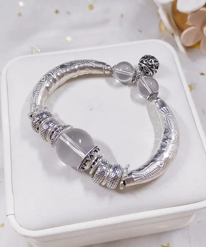 Retro White Sterling Silver Crystal Small Bell Bangle Ada Fashion