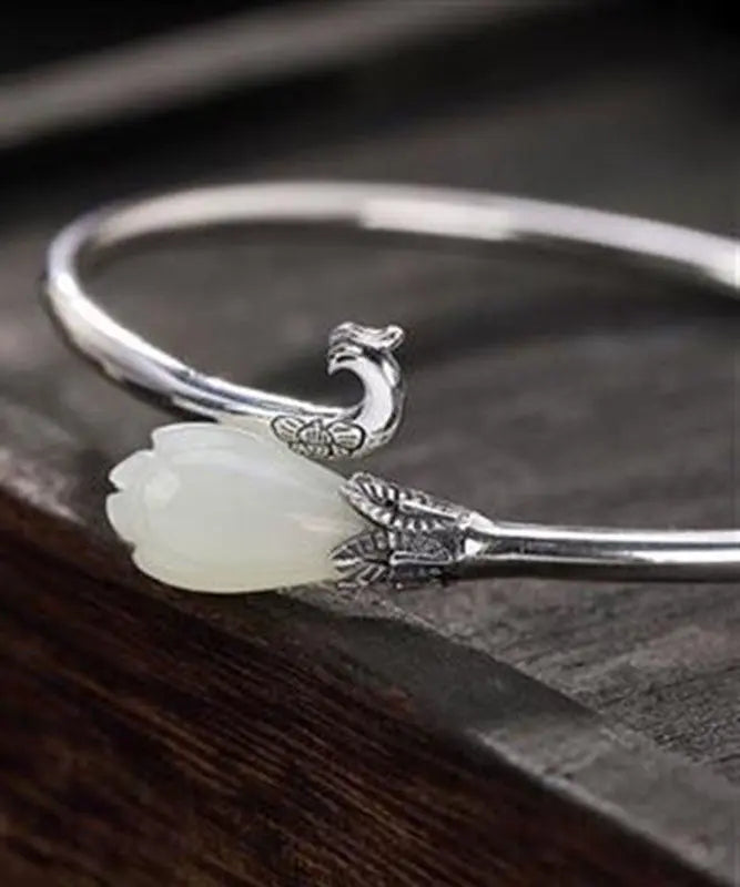 Retro White Sterling Silver Inlaid Jade Cuff Ada Fashion
