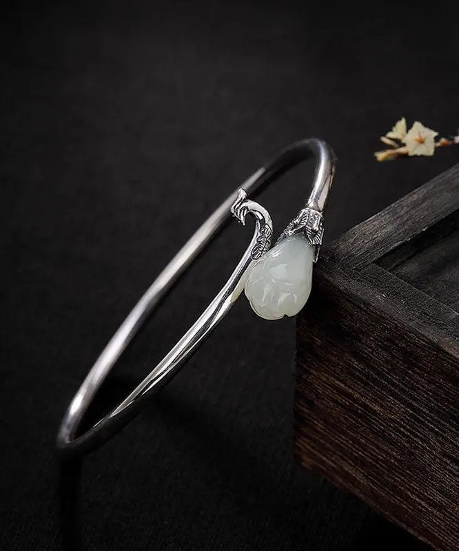 Retro White Sterling Silver Inlaid Jade Cuff Ada Fashion