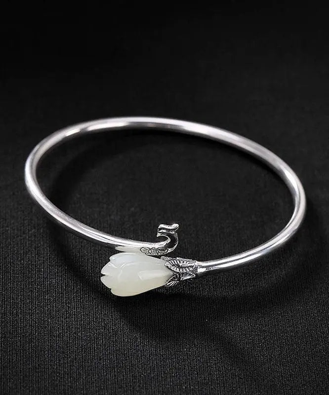 Retro White Sterling Silver Inlaid Jade Cuff Ada Fashion