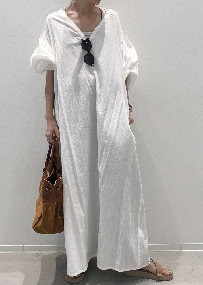 Retro White V Neck Solid Cozy Cotton Maxi Dress Long Sleeve LY2163 - fabuloryshop