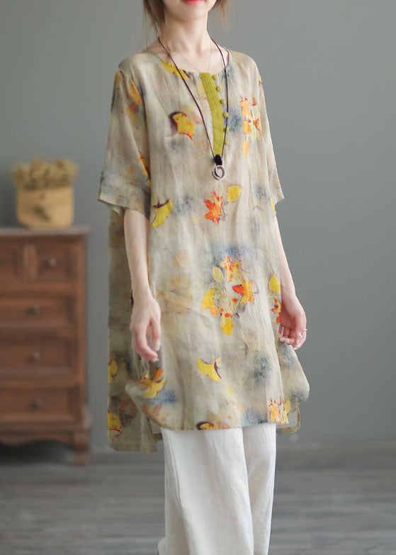 Retro Yellow O Neck Print Button Patchwork Linen Shirt Summer TP1049 - fabuloryshop