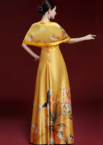 Retro Yellow Print Lacing Strap Shawl And Dress Set Summer Ada Fashion