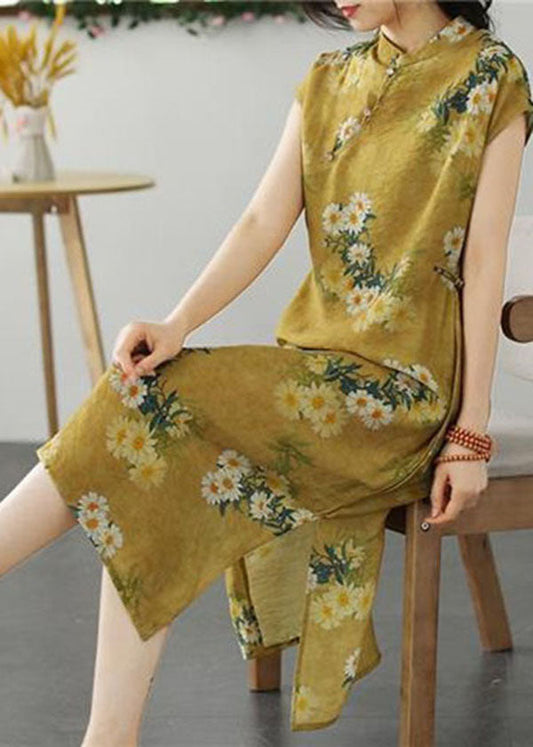 Retro Yellow Stand Collar Button Patchwork Linen Dresses Summer LY2491 - fabuloryshop