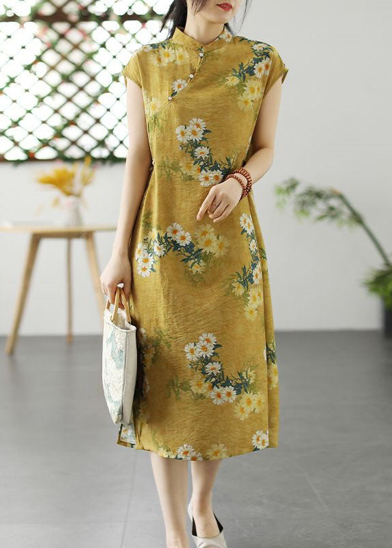 Retro Yellow Stand Collar Button Patchwork Linen Dresses Summer LY2491 - fabuloryshop