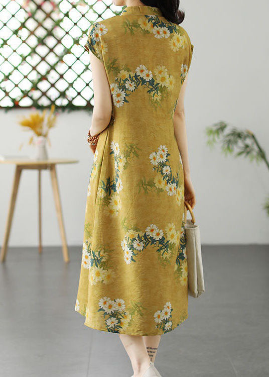 Retro Yellow Stand Collar Button Patchwork Linen Dresses Summer LY2491 - fabuloryshop