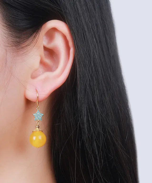 Retro Yellow Sterling Silver Amber Beeswax Star Drop Earrings Ada Fashion