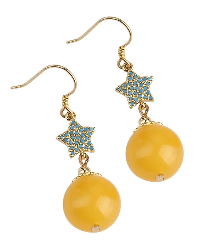 Retro Yellow Sterling Silver Amber Beeswax Star Drop Earrings Ada Fashion