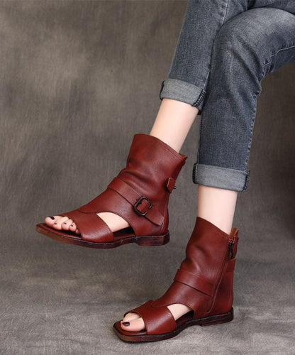 Retro Zippered Splicing Flat Boots Brown Cowhide Leather Peep Toe Ada Fashion