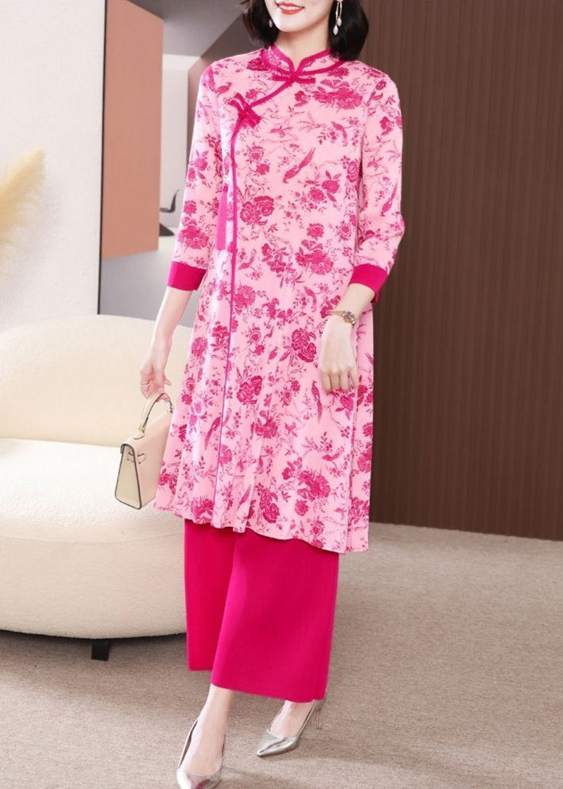 Rose Chinese Style Dress Two Piece Set Mandarin Collar Chinese Button Summer LY2734 - fabuloryshop