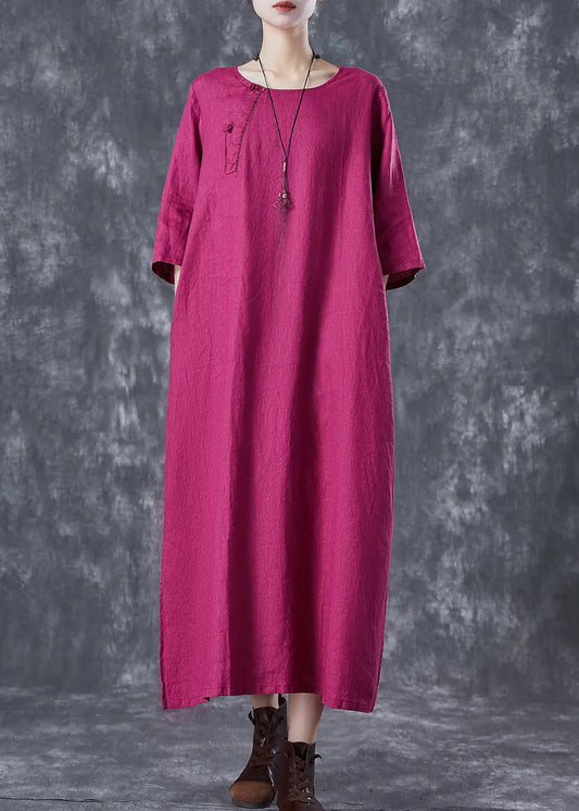 Rose Oversized Linen Holiday Dress Chinese Button Side Open Half Sleeve Ada Fashion